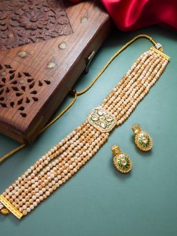 Aadita - Gold Plated Kundan and Pearl Choker Set - Green