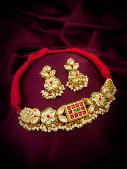 Aadita - Gold Plated Kundan and Pearl Choker Set - Green