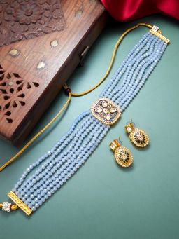 Aadita - Gold Plated Kundan and Pearl Choker Set - Blue