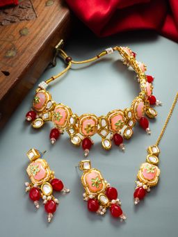 Aadita - Gold Plated Kundan and Pearl Choker Set - Red