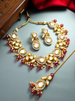 Aadita - Gold Plated Kundan and Pearl Choker Set - Red