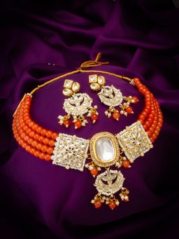 Aadita - Gold Plated Kundan and Pearl Choker Set - Orange
