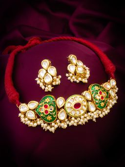 Aadita - Gold Plated Kundan and Pearl Choker Set - Green