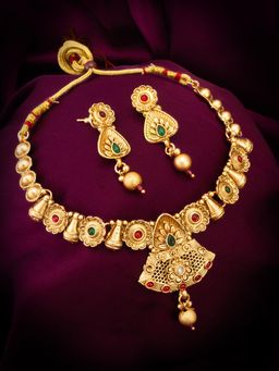 Aadita - Gold Plated Kundan and Pearl Choker Set - Multi-Color