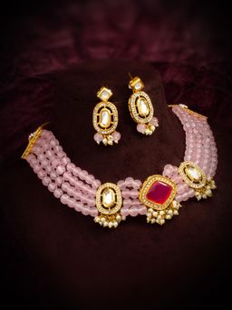 Aadita - Gold Plated Kundan and Pearl Choker Set - Pink