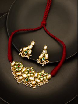 Aadita - Gold Plated Kundan and Pearl Choker Set - Green