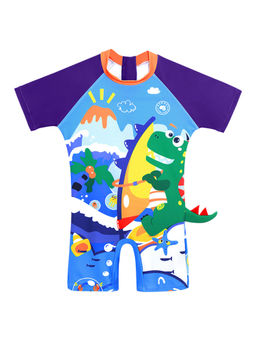 Little Surprise Box - 3d Tail Blue Surfing Dino Kids Swimsuit With Swim Cap (Set of 2)