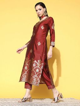 Indo Era - Women Maroon Round Neck Woven Kurta with Pant