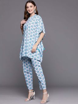 Indo Era - Women White Mandarin Neck Printed Kaftan with Pant