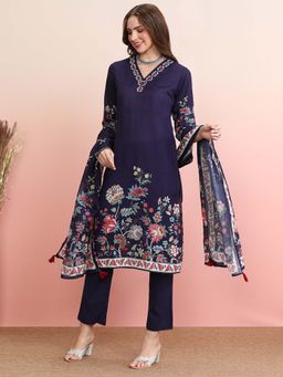 Indo Era - Women Navy Blue V-Neck Printed Kurta with Pant and Dupatta