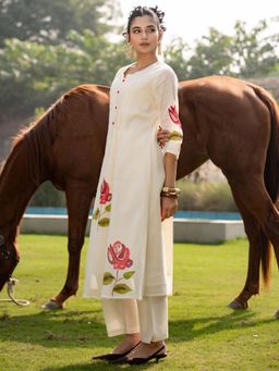 Indo Era - Women Cream Round Neck Printed Kurta with Pant
