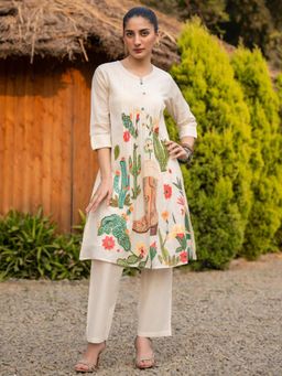 Indo Era - Women Cream Mandarin Neck Printed Kurta with Pant