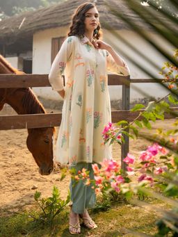 Indo Era - Women Cream Collar Neck Printed Kurta with Pant
