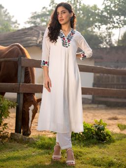 Indo Era - Women White V-Neck Embroidered Kurta with Pant