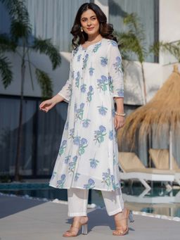 Indo Era - Women White Mandarin Neck Printed Kurta with Pant