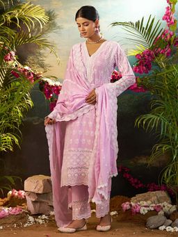 Indo Era - Women Lavender V-Neck Embroidered Kurta with Pant and Dupatta