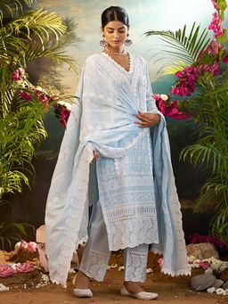 Indo Era - Women Blue V-Neck Embroidered Kurta with Pant and Dupatta