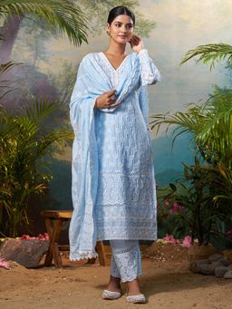 Indo Era - Women Blue V-Neck Embroidered Kurta with Pant and Dupatta