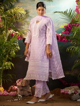 Indo Era - Women Lavender V-Neck Embroidered Kurta with Pant and Dupatta