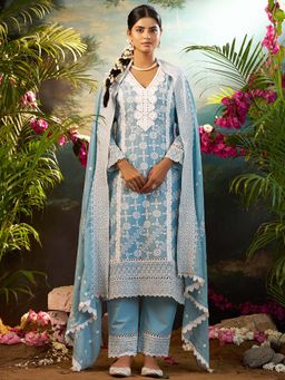 Indo Era - Women Blue V-Neck Embroidered Kurta with Pant and Dupatta