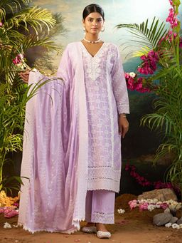 Indo Era - Women Purple V-Neck Embroidered Kurta with Pant and Dupatta