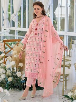 Indo Era - Women Pink V-Neck Embroidered Kurta with Pant and Dupatta