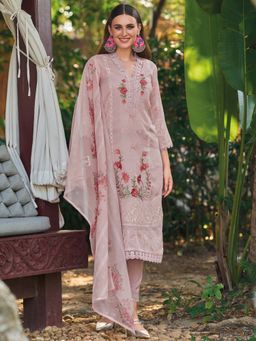Indo Era - Women Pink V-Neck Embroidered Kurta with Pant and Dupatta