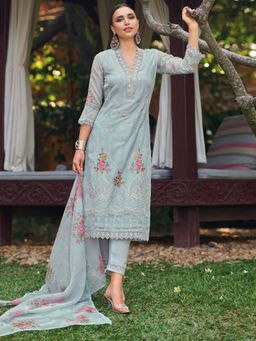 Indo Era - Women Blue V-Neck Embroidered Kurta with Pant and Dupatta