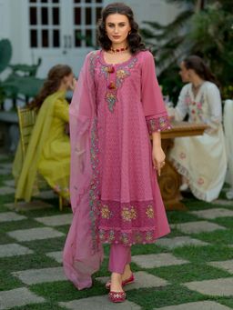 Indo Era - Women Pink Round Neck Embroidered Kurta with Pant and Dupatta