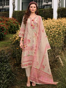 Indo Era - Women Cream V-Neck Embroidered Kurta with Pant and Dupatta