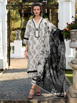 Indo Era - Women White V-Neck Embroidered Kurta with Pant and Dupatta