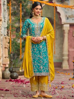 Indo Era - Women Teal Round Neck Embroidered Kurta with Pant and Dupatta