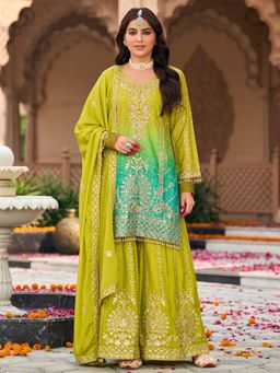 Indo Era - Women Green Round Neck Embroidered Kurta with Palazzo and Dupatta