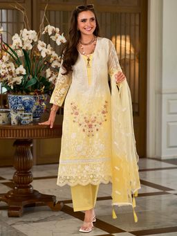 Indo Era - Women Yellow V-Neck Embroidered Kurta with Pant and Dupatta