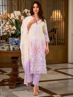 Indo Era - Women Lavender V-Neck Embroidered Kurta with Pant and Dupatta