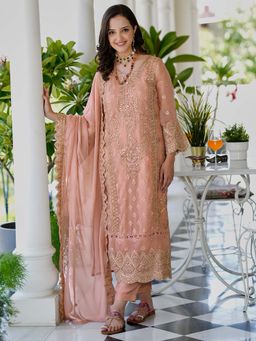 Indo Era - Women Nude Round Neck Embroidered Kurta with Pant and Dupatta