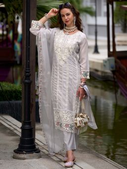 Indo Era - Women Grey Round Neck Embroidered Kurta with Pant and Dupatta