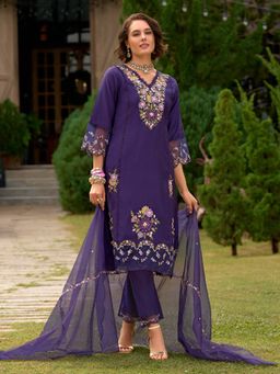Indo Era - Women Purple V-Neck Embroidered Kurta with Pant and Dupatta