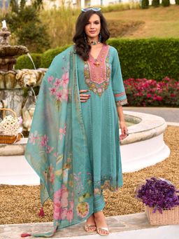 Indo Era - Women Teal V-Neck Neck Embroidered Kurta with Pant and Dupatta