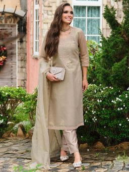 Indo Era - Women Beige Round Neck Embroidered Kurta with Pant and Dupatta