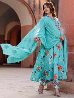 Indo Era - Women Green V-Neck Printed Anarkali Kurta with Pant and Dupatta