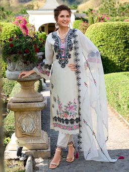 Indo Era - Women Cream V-Neck Embroidered Kurta with Pant and Dupatta