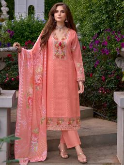 Indo Era - Women Orange V-Neck Embroidered Kurta with Pant and Dupatta