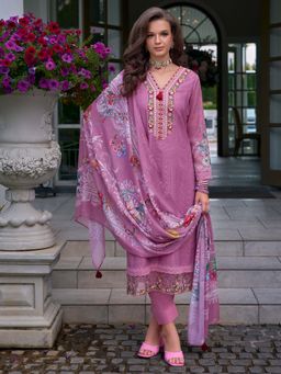 Indo Era - Women Purple V-Neck Embroidered Kurta with Pant and Dupatta