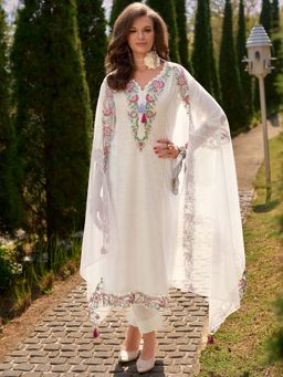 Indo Era - Women Cream V-Neck Embroidered Kurta with Pant and Dupatta