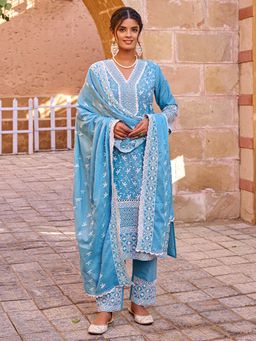 Indo Era - Women Blue V-Neck Embroidered Kurta with Pant and Dupatta