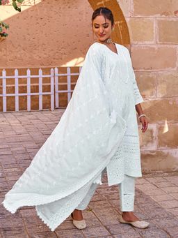 Indo Era - Women Blue V-Neck Embroidered Kurta with Pant and Dupatta