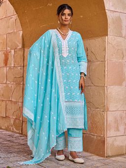 Indo Era - Women Blue V-Neck Embroidered Kurta with Pant and Dupatta