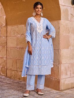 Indo Era - Women Blue V-Neck Embroidered Kurta with Pant and Dupatta