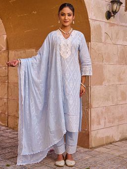 Indo Era - Women Blue V-Neck Embroidered Kurta with Pant and Dupatta
